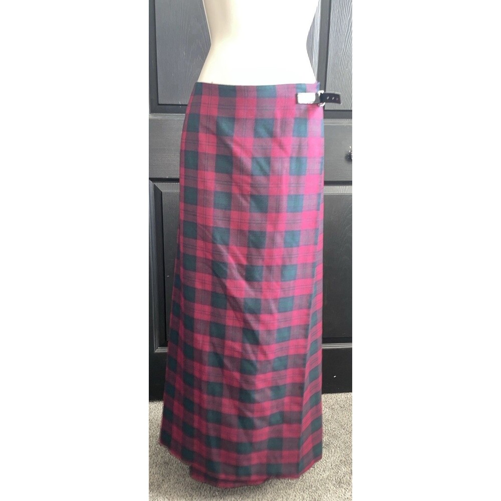 1.  Charter Club Wrap Maxi Skirt 16 Red Green Plaid Wool Blend Buckle Flaw